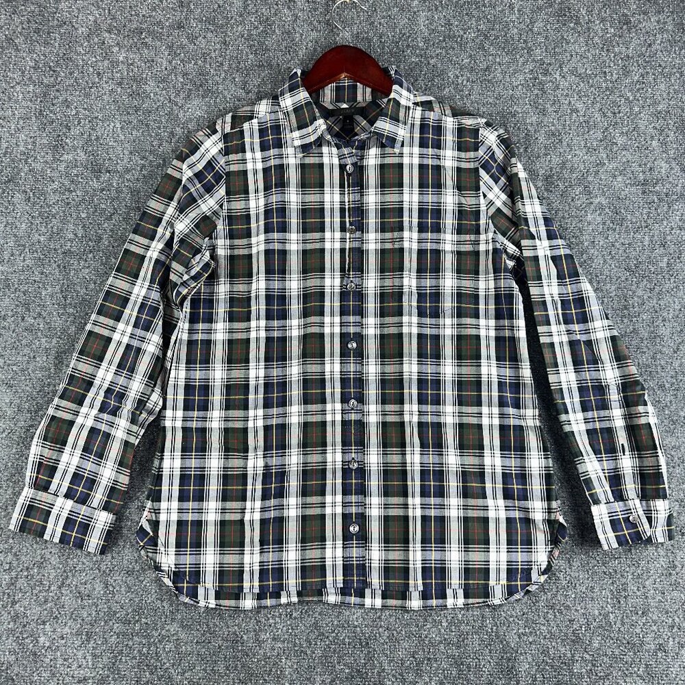 J Crew Shrunken Boy Shirt Womens 8 Forest Plaid Long Sleeve Button Up Pocket